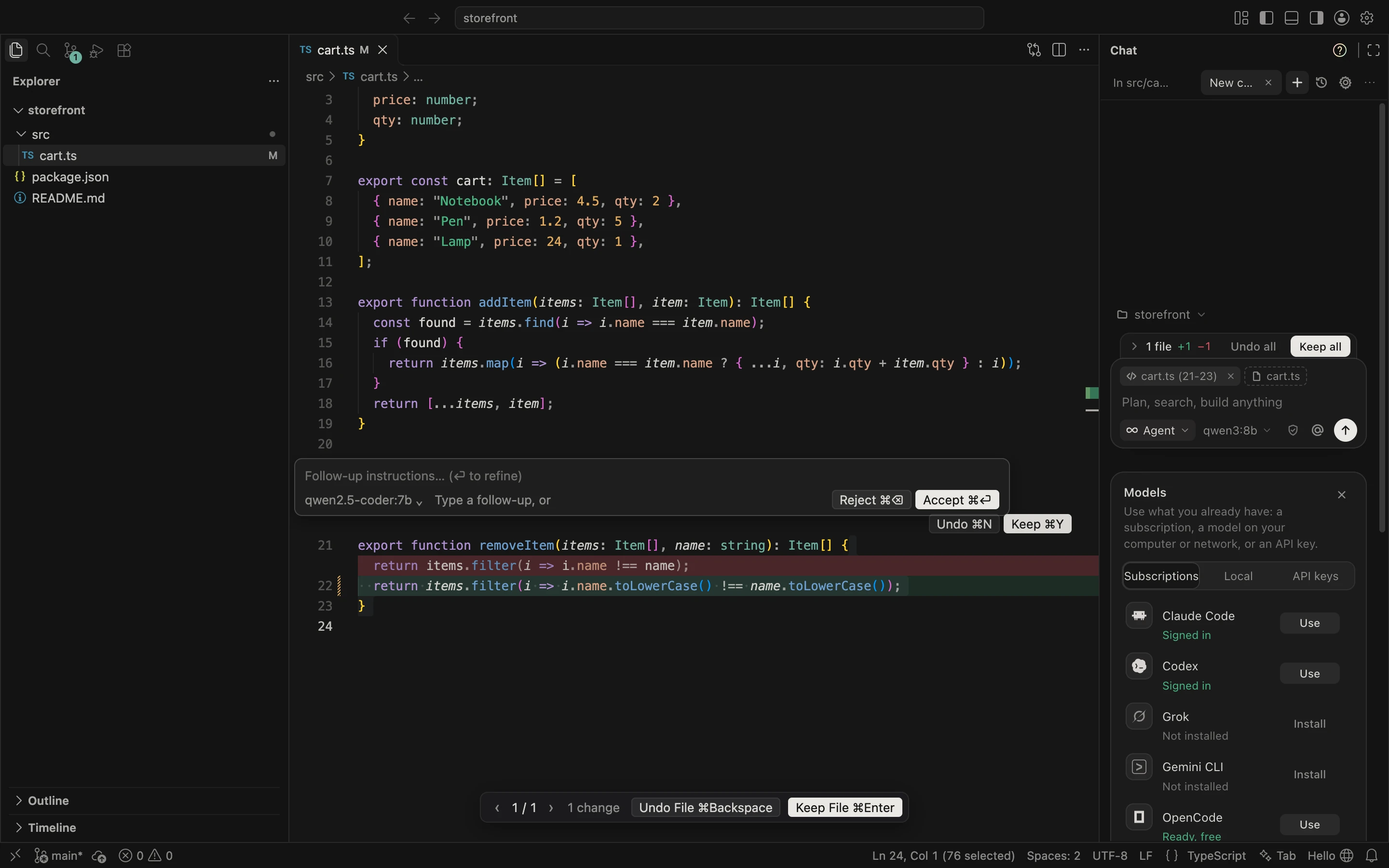 OpenCursor with a Cmd K edit open in cart.ts: the old line in red, the new one in green, Accept and Reject above it, and the model picker in the chat panel on the right.
